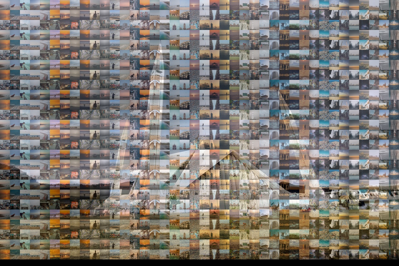 Architectural photomosaic of Faisal Mosque composed of 1,000 authentic travel photos of Pakistan with zero synthetic color overlay