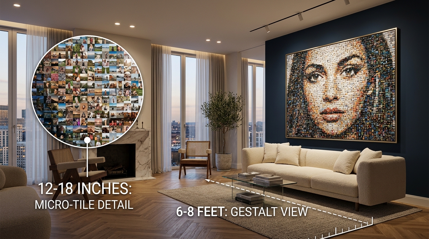 Architectural rendering of modern living room wall art showing dual viewing distances for high-resolution photo mosaics