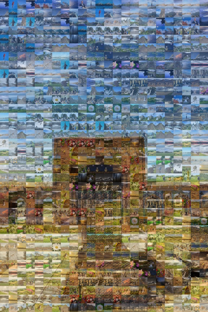 Monumental architecture photo mosaic created from 1,400 candid photo tiles using CIELAB true optical color matching