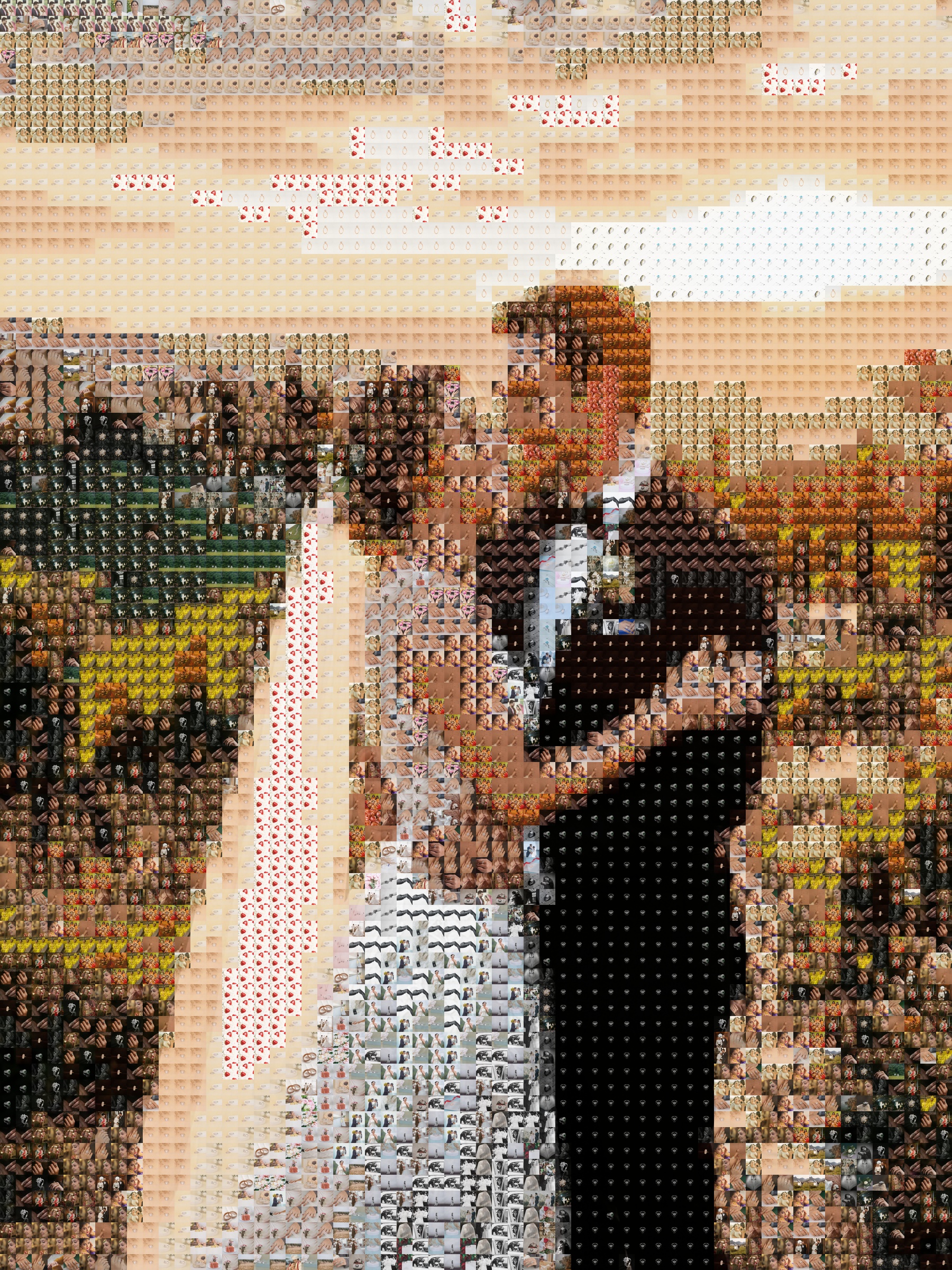Large-format heirloom wedding guestbook photomosaic assembled from 850 authentic guest photos with zero artificial tinting